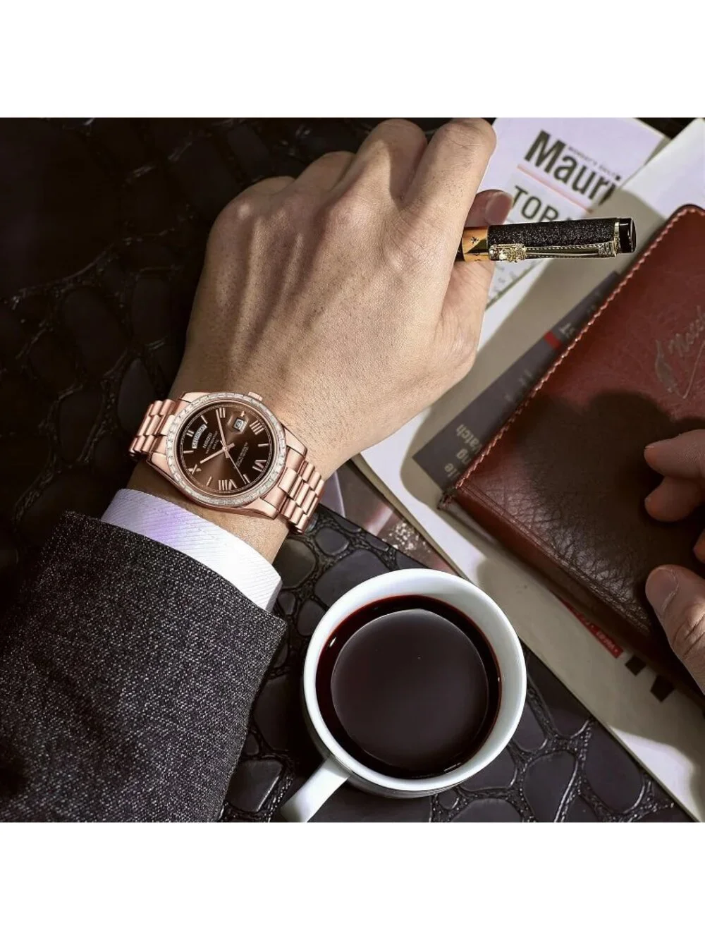 Nibosi Men's Rose Brown Analog Quartz Diamond Bezel Stainless Waterproof Watch